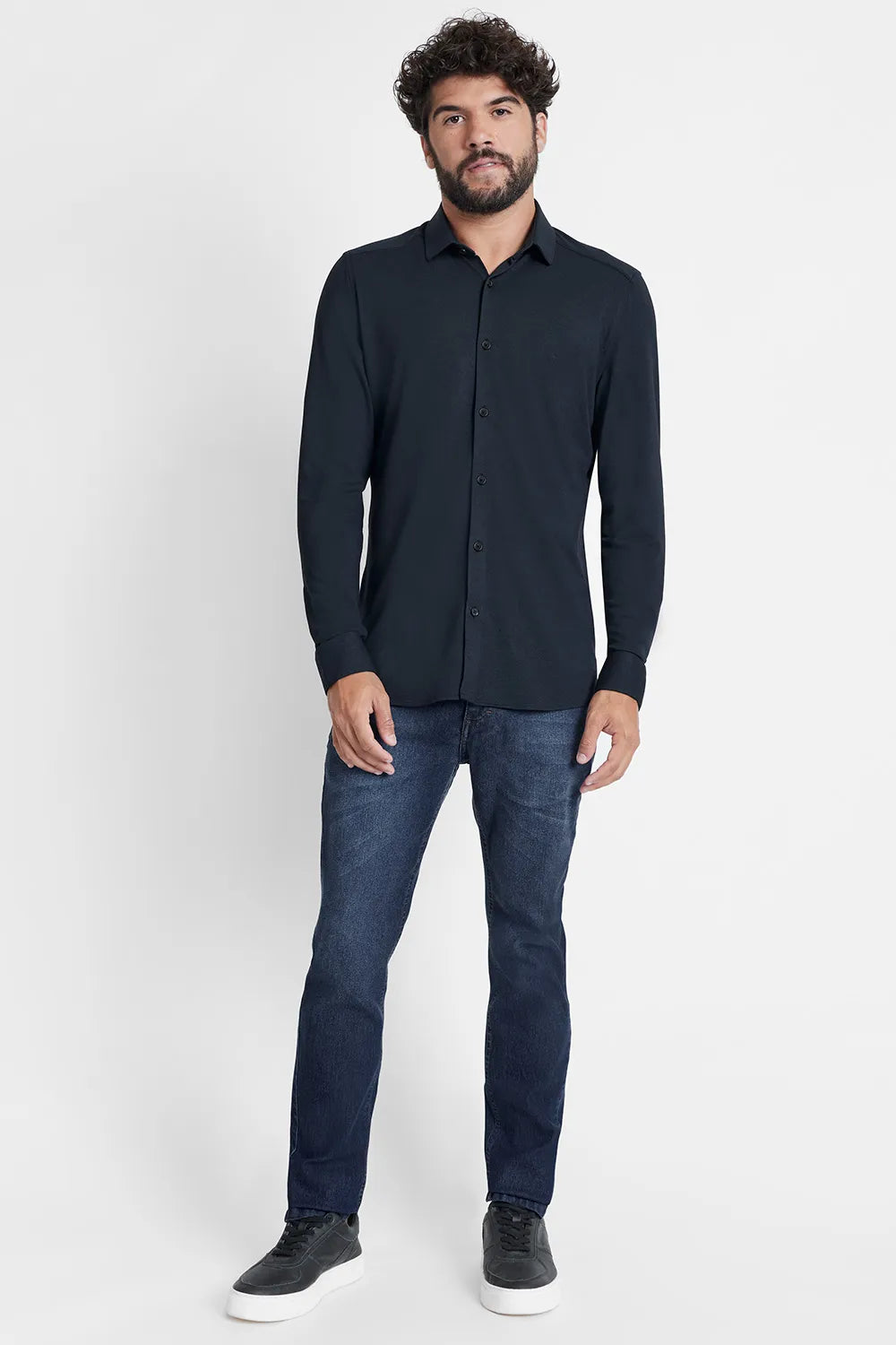 CAMISA MANGA LONGA SLIM EM MALHA QUADRICULADA MARINHO