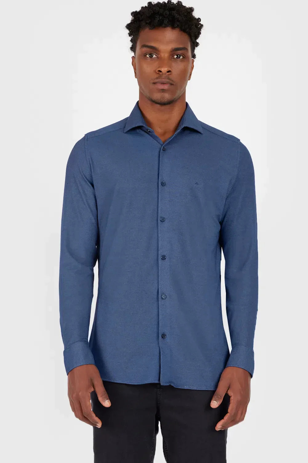 CAMISA MANGA LONGA SLIM EM MALHA QUADRICULADA AZUL
