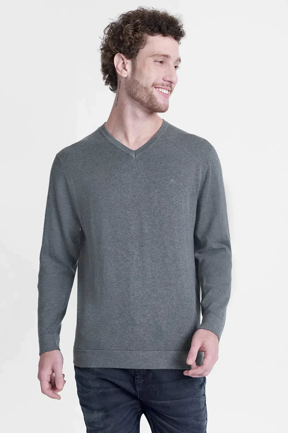 TRICOT MANGA LONGA GOLA V CINZA MESCLA