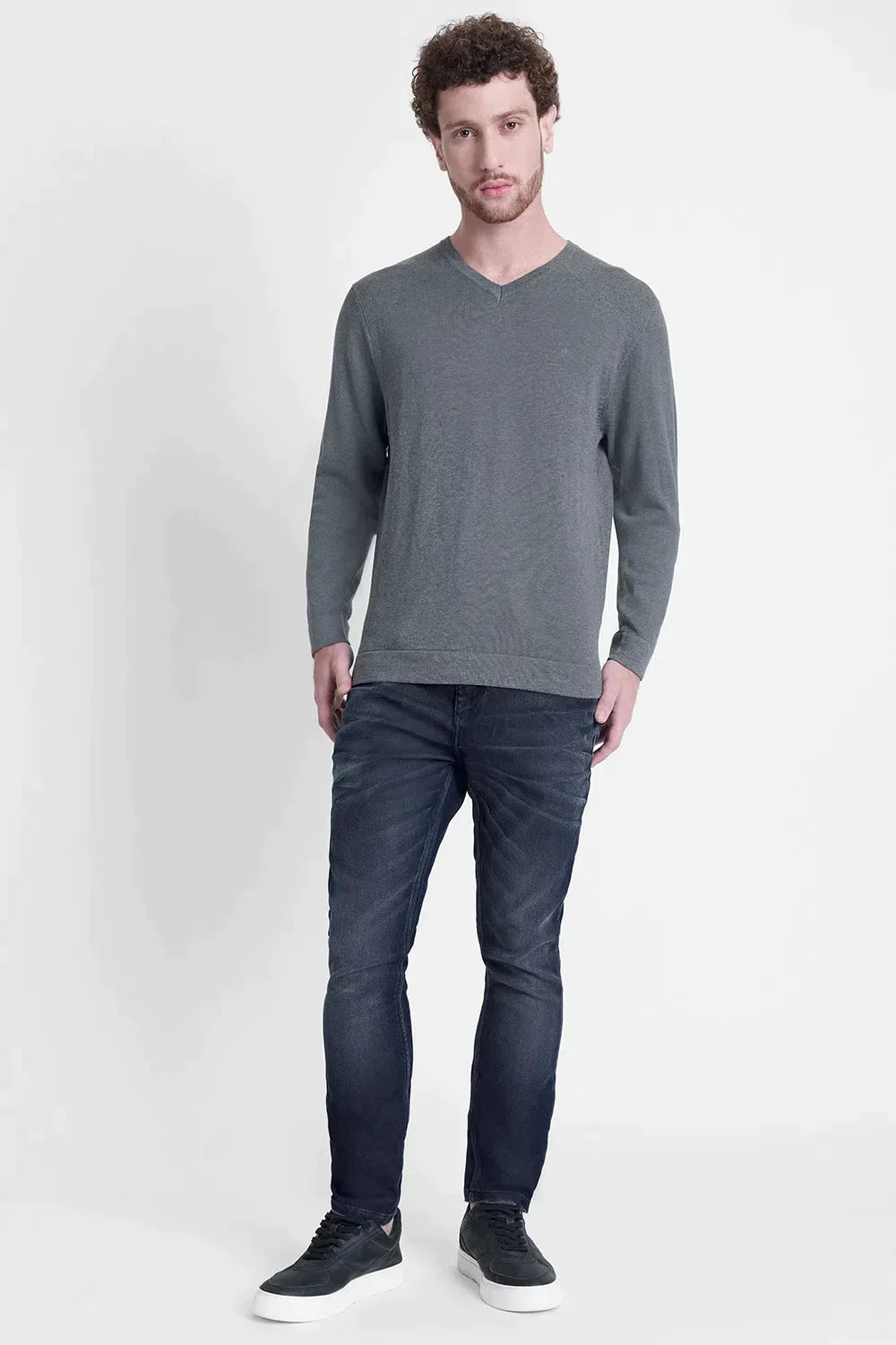 TRICOT MANGA LONGA GOLA V CINZA MESCLA