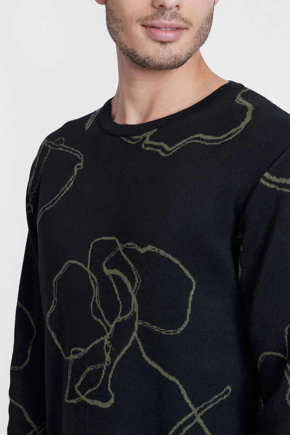 TRICOT MANGA LONGA GOLA MAXI FLOWER PRETO COM VERDE