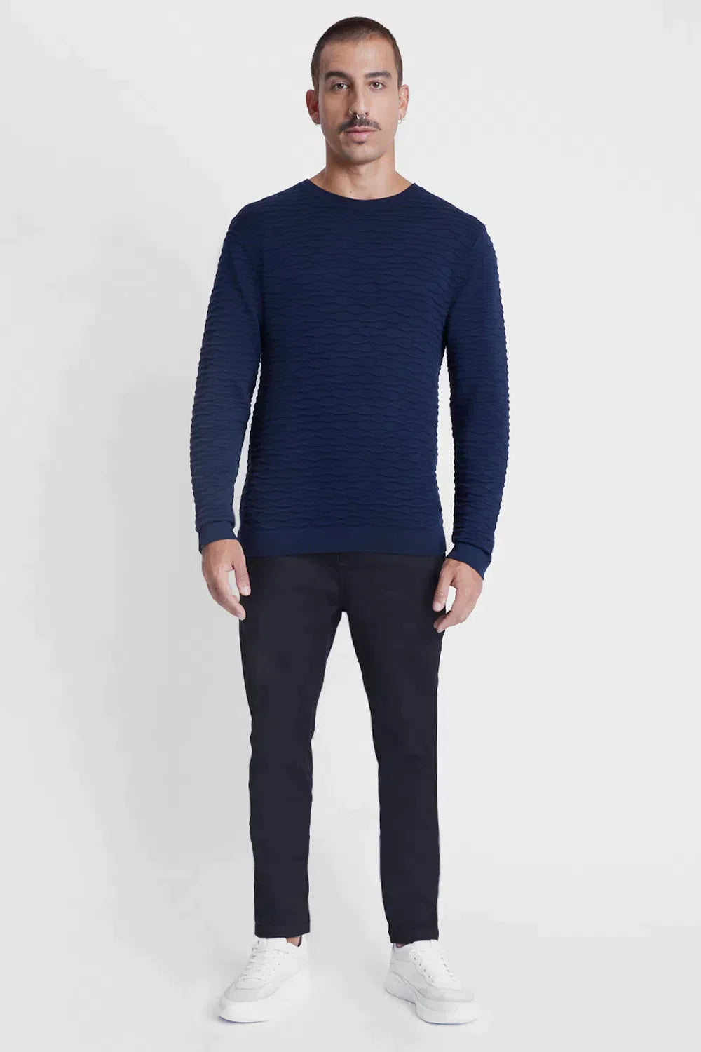 TRICOT MANGA LONGA GOLA C NERVURAS MARINHO