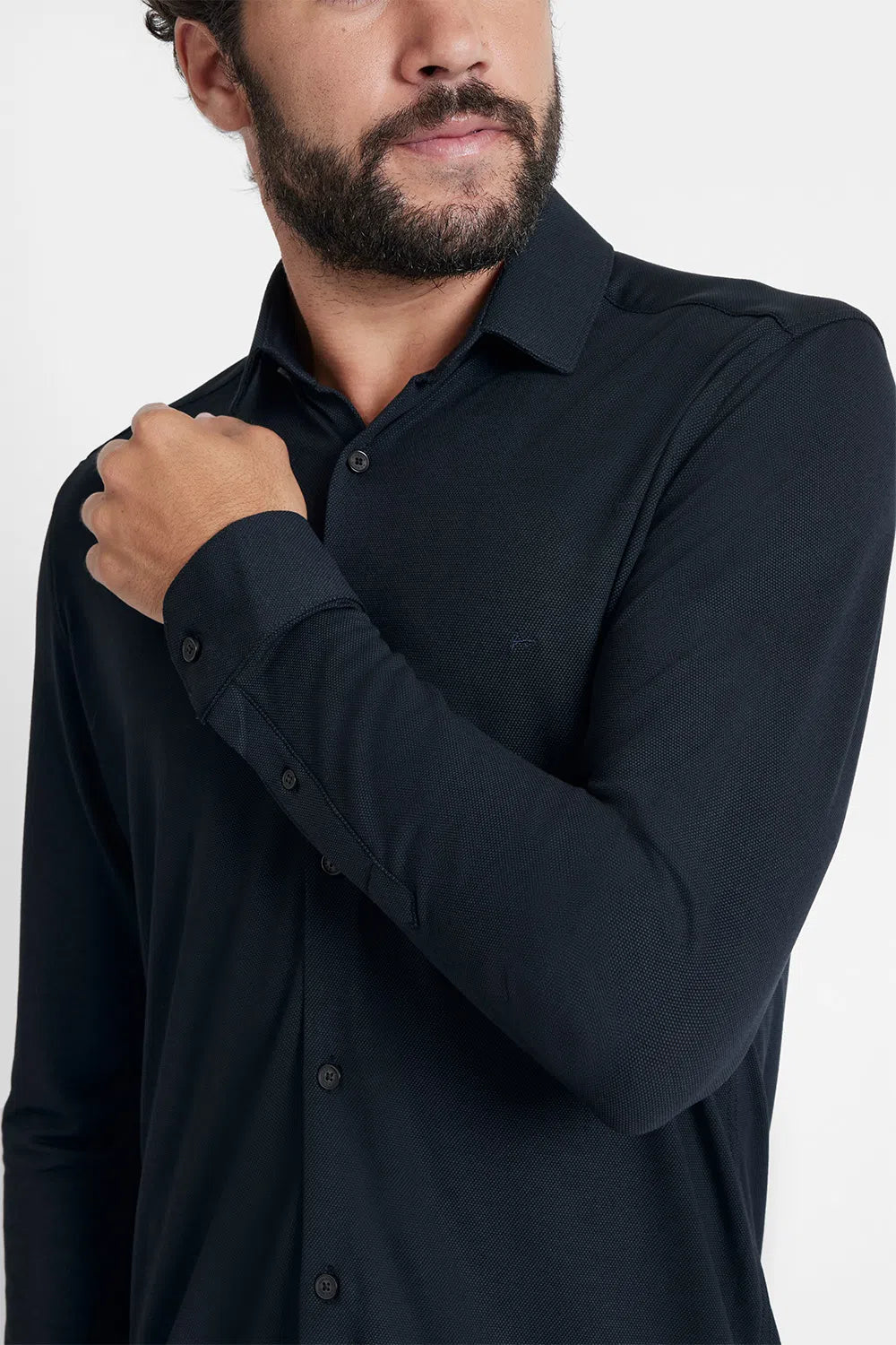 CAMISA MANGA LONGA SLIM EM MALHA QUADRICULADA MARINHO