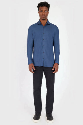 CAMISA MANGA LONGA SLIM EM MALHA QUADRICULADA AZUL