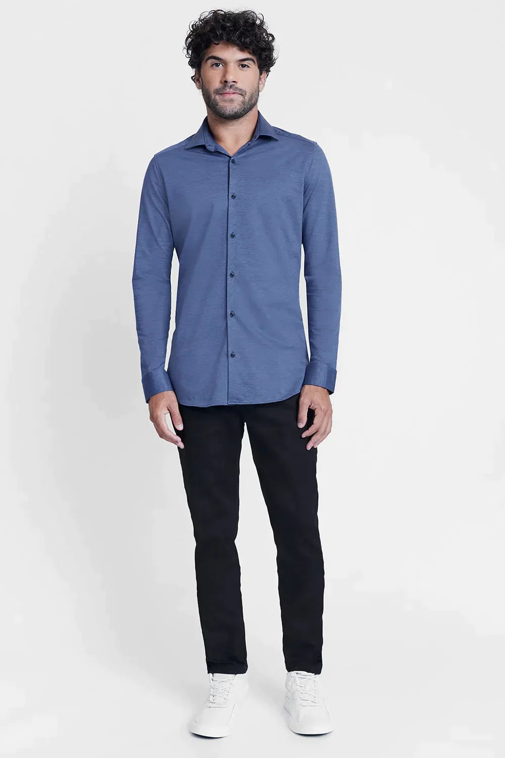 CAMISA MANGA LONGA COSMO SLIM EM MALHA EASY CARE AZUL ESCURO