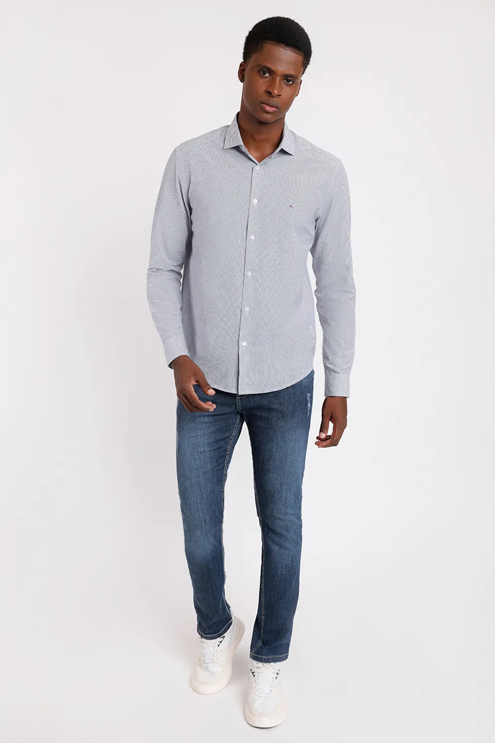 CAMISA REGULAR TRICOLINE MIX MICRO XADREZ BRANCO COM MARINHO