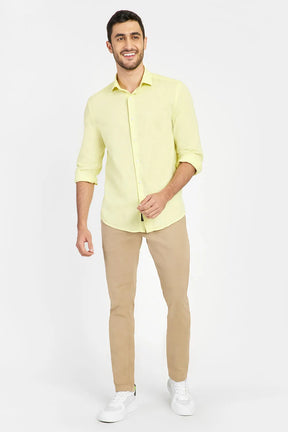 CAMISA MANGA LONGA REGULAR EM LINHO E ALGODÃO AMARELO CLARO