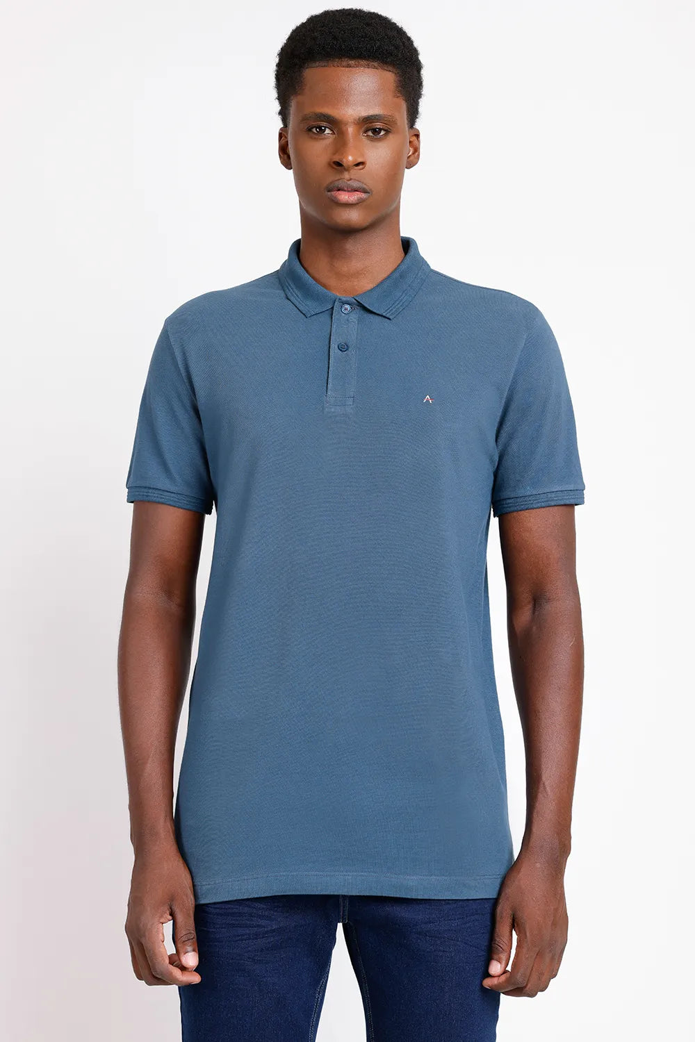 POLO MANGA CURTA FRISO JACQUARD AZUL MÉDIO