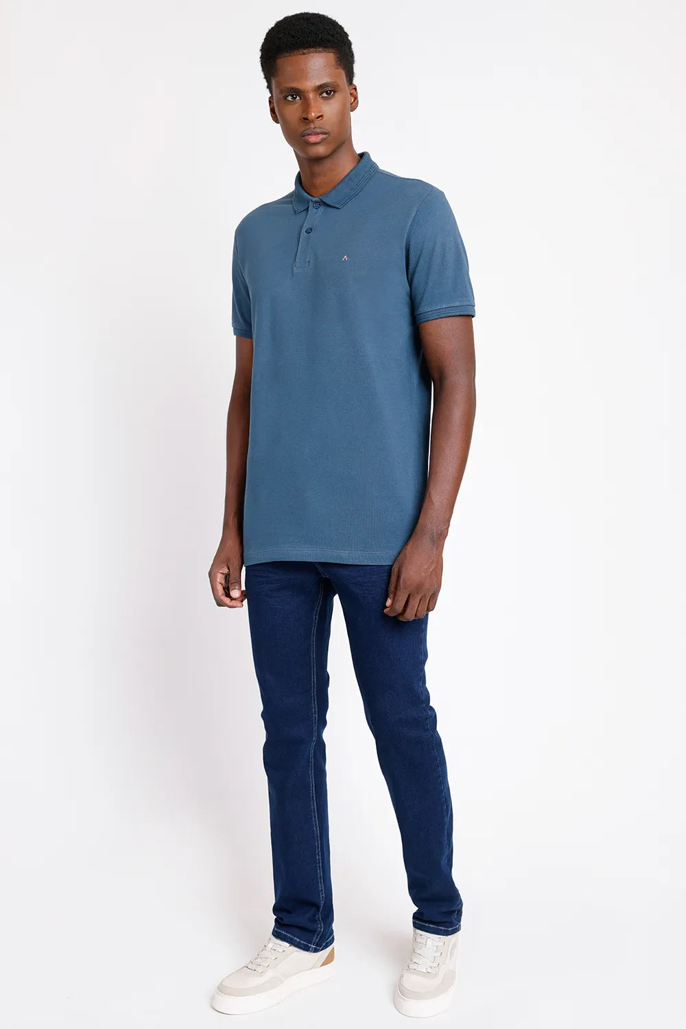 POLO MANGA CURTA FRISO JACQUARD AZUL MÉDIO