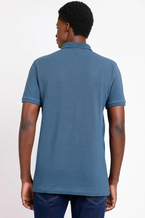 POLO MANGA CURTA FRISO JACQUARD AZUL MÉDIO