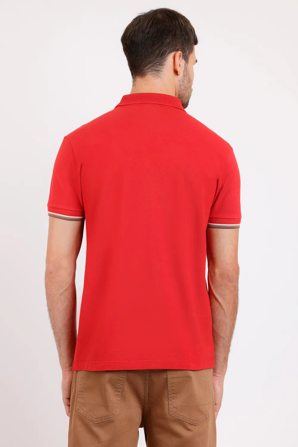 POLO MANGA CURTA PIQUET COM FRISOS VERMELHO