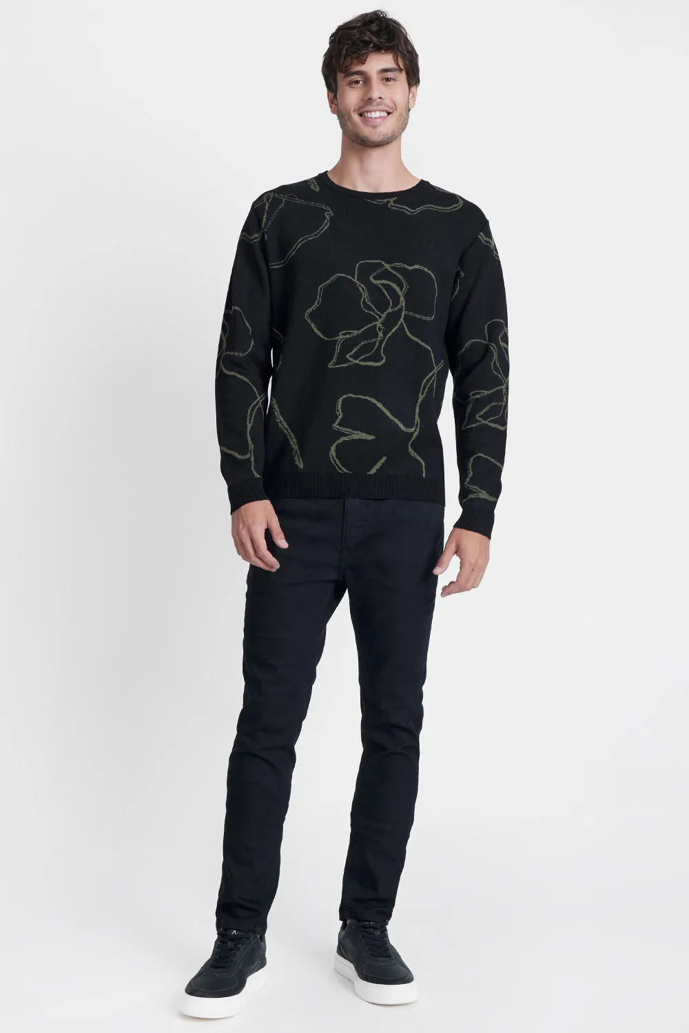 TRICOT MANGA LONGA GOLA MAXI FLOWER PRETO COM VERDE