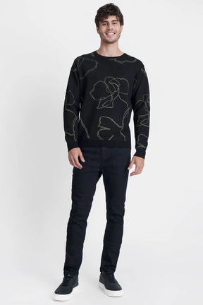 TRICOT MANGA LONGA GOLA MAXI FLOWER PRETO COM VERDE