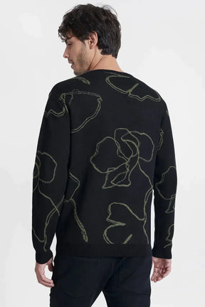 TRICOT MANGA LONGA GOLA MAXI FLOWER PRETO COM VERDE