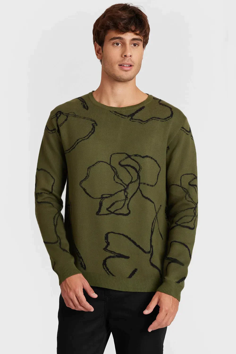 TRICOT MANGA LONGA GOLA MAXI FLOWER VERDE COM PRETO