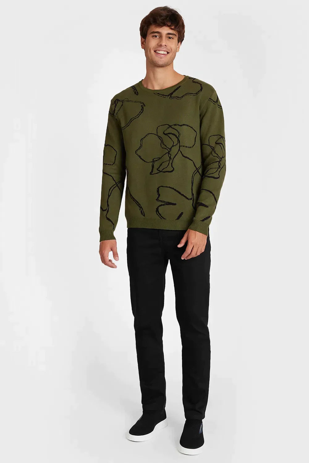 TRICOT MANGA LONGA GOLA MAXI FLOWER VERDE COM PRETO