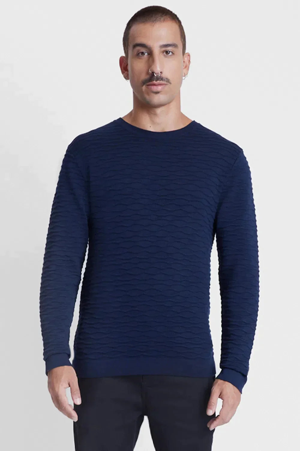 TRICOT MANGA LONGA GOLA C NERVURAS MARINHO