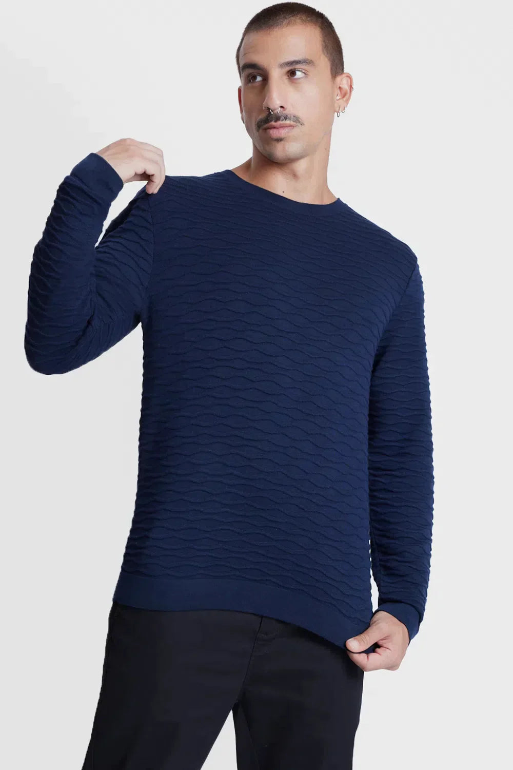 TRICOT MANGA LONGA GOLA C NERVURAS MARINHO