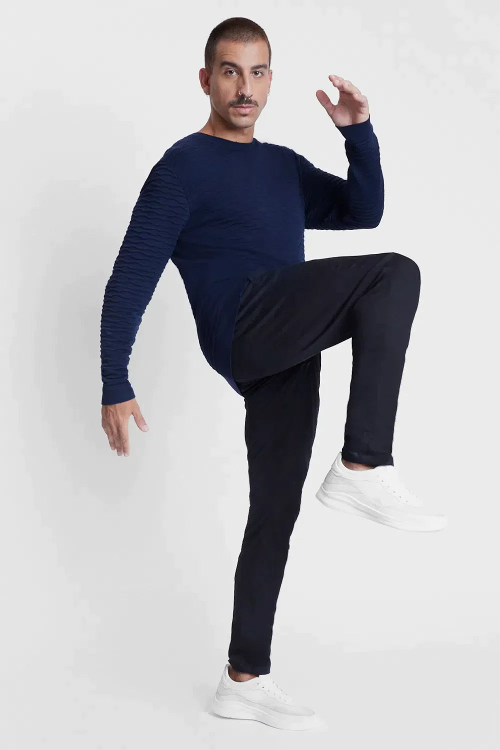 TRICOT MANGA LONGA GOLA C NERVURAS MARINHO